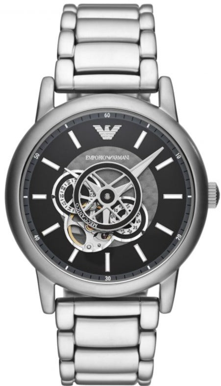 Emporio Armani Meccanico Automatic Skeleton Black Dial Silver Steel Strap Watch For Men - AR60021