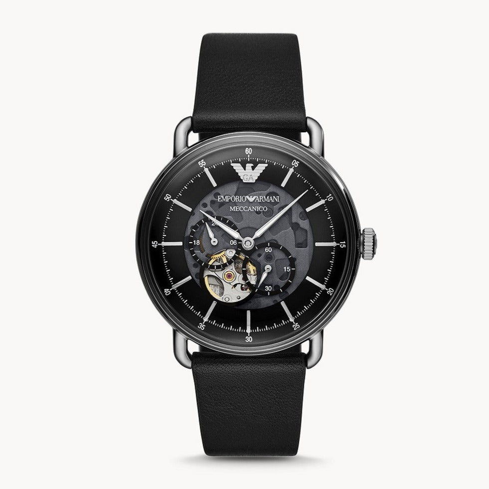 Emporio Armani Meccanico Skeleton Black Dial Black Leather Strap Watch For Men - AR60026