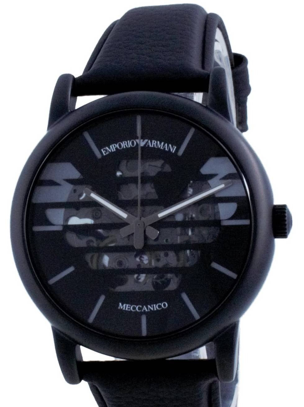 Emporio Armani Meccanico Quartz Black Dial Black Leather Strap Watch For Men - AR60032