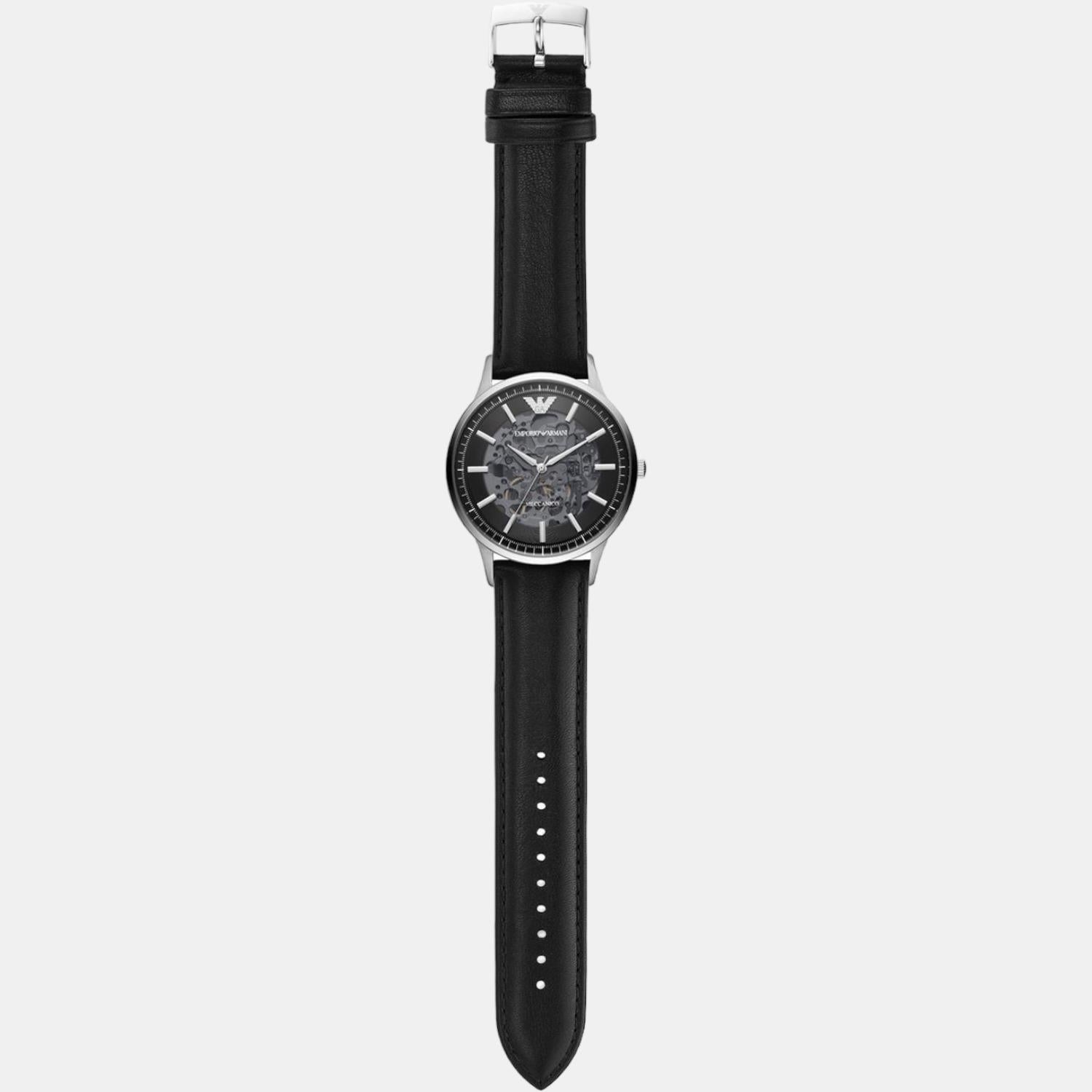 Emporio Armani Meccanico Skeleton Automatic Black Dial Black Leather Strap Watch for Men - AR60038