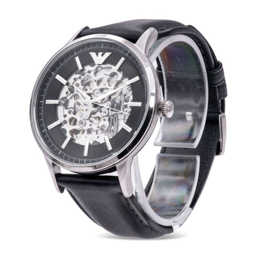 Emporio Armani Meccanico Skeleton Automatic Black Dial Black Leather Strap Watch for Men - AR60038