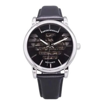 Emporio Armani Meccanico Automatic Black Dial Black Leather Strap Watch For Men - AR60040