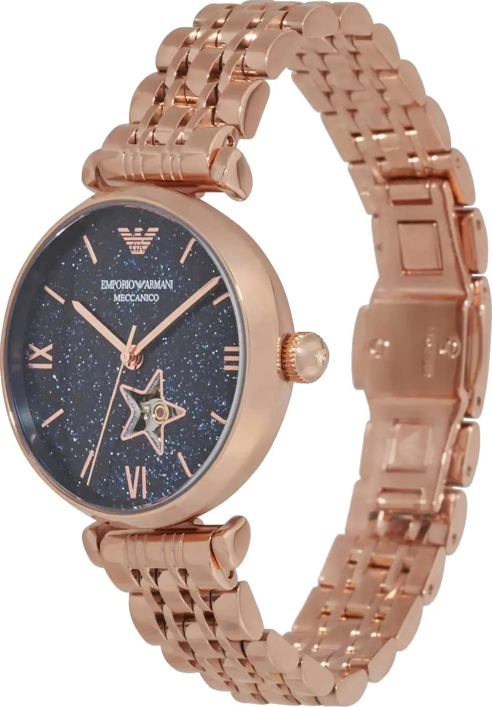 Emporio Armani Meccanico Crystals Black Dial Rose Gold Steel Strap Watch For Women - AR60043