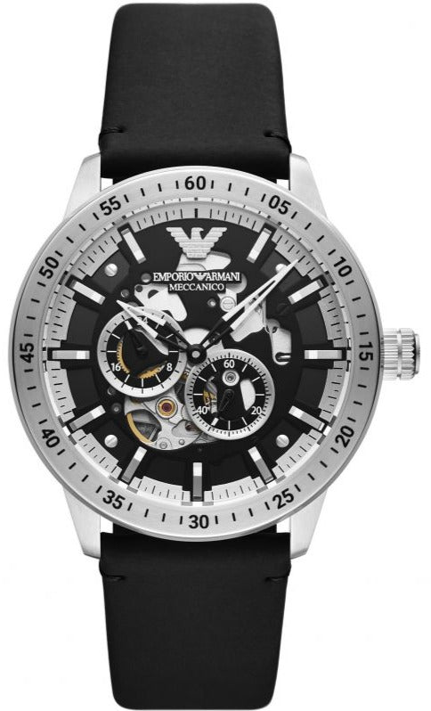 Emporio Armani Renato Chronograph Automatic Black Dial Black Leather Strap Watch For Men - AR60051