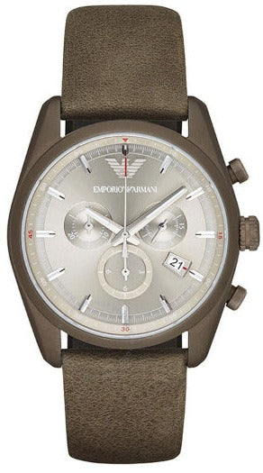 Emporio Armani Sportivo Chronograph Silver Dial Brown Leather Strap Watch For Men - AR6076