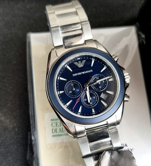 Emporio Armani Sportivo Chronograph Blue Dial Silver Steel Strap Watch For Men - AR6091