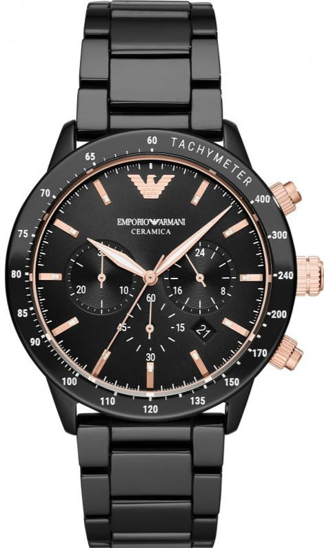 Emporio Armani Mario Ceramic Chronograph Black Dial Black Steel Strap Watch For Men - AR70002