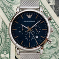 Emporio Armani Luigi Chronograph Blue Dial Silver Mesh Bracelet Watch For Men - AR80038