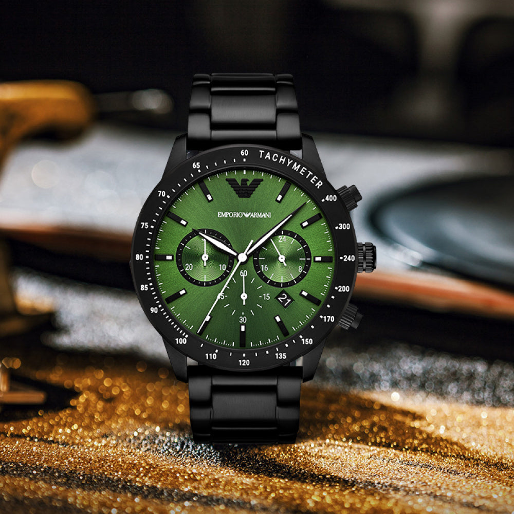 Emporio Armani Mario Chronograph Green Dial Black Steel Strap Watch For Men - AR11472