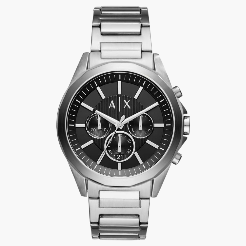 Armani Exchange Drexler Chronograph Black Dial Silver Steel Strap Watch for Men - AX2600