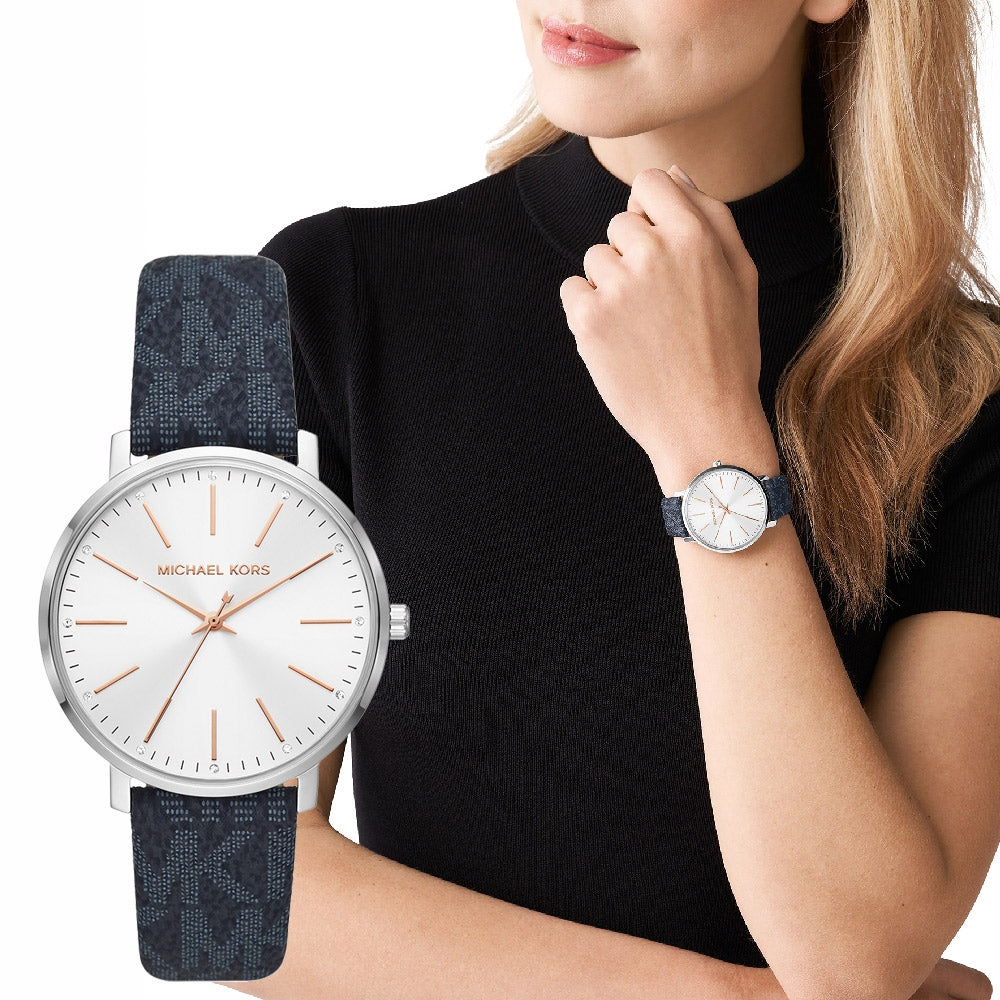 Michael Kors Pyper Quartz Silver Dial Blue Leather Strap Watch For Women - MK7244