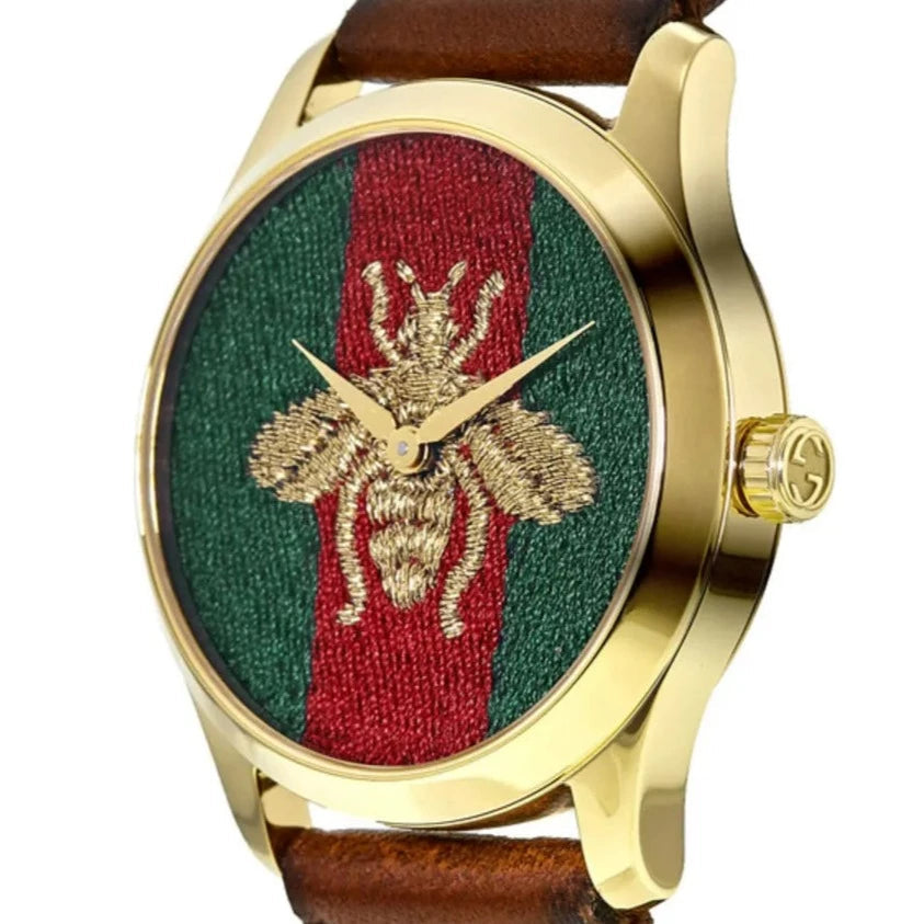 Gucci G Timeless Quartz Green & Red Dial Brown Leather Strap Watch For Men - YA126451