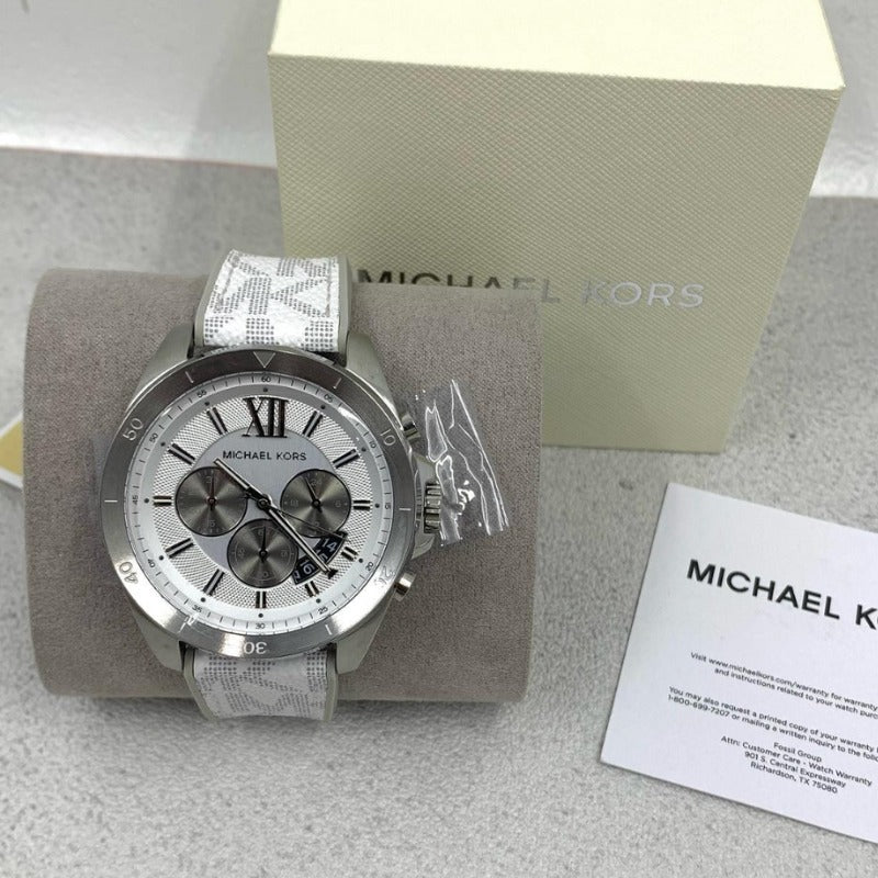 Michael Kors Brecken Chronograph Silver Dial White Leather Strap Watch For Men - MK8949