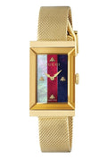 Gucci G Frame Quartz Diamonds White Red Blue Dial Gold Mesh Bracelet Watch For Women - YA147511