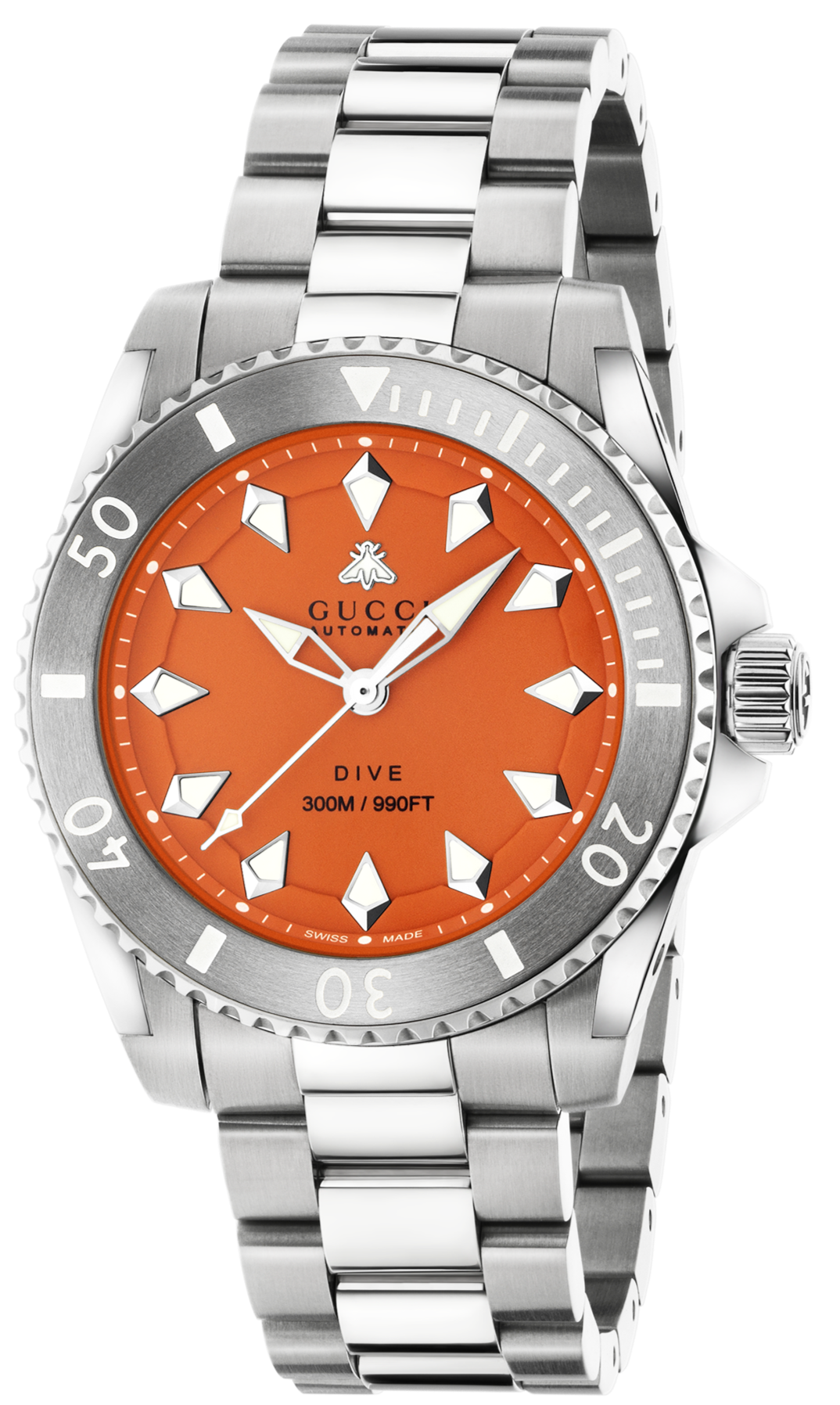 Gucci Dive Automatic Orange Dial Silver Steel Strap Watch for Men - YA136355