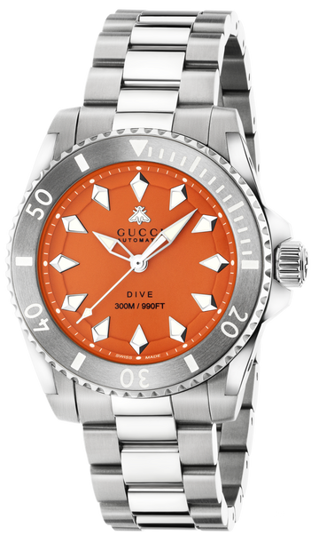 Gucci Dive Automatic Orange Dial Silver Steel Strap Watch for Men - YA136355