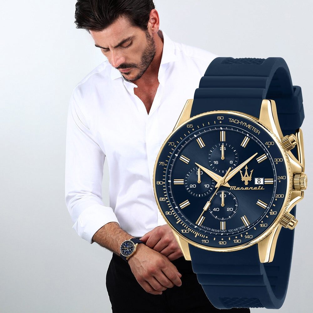 Maserati SFIDA Chronograph Blue Dial Blue Rubber Strap Watch For Men - R8871640004