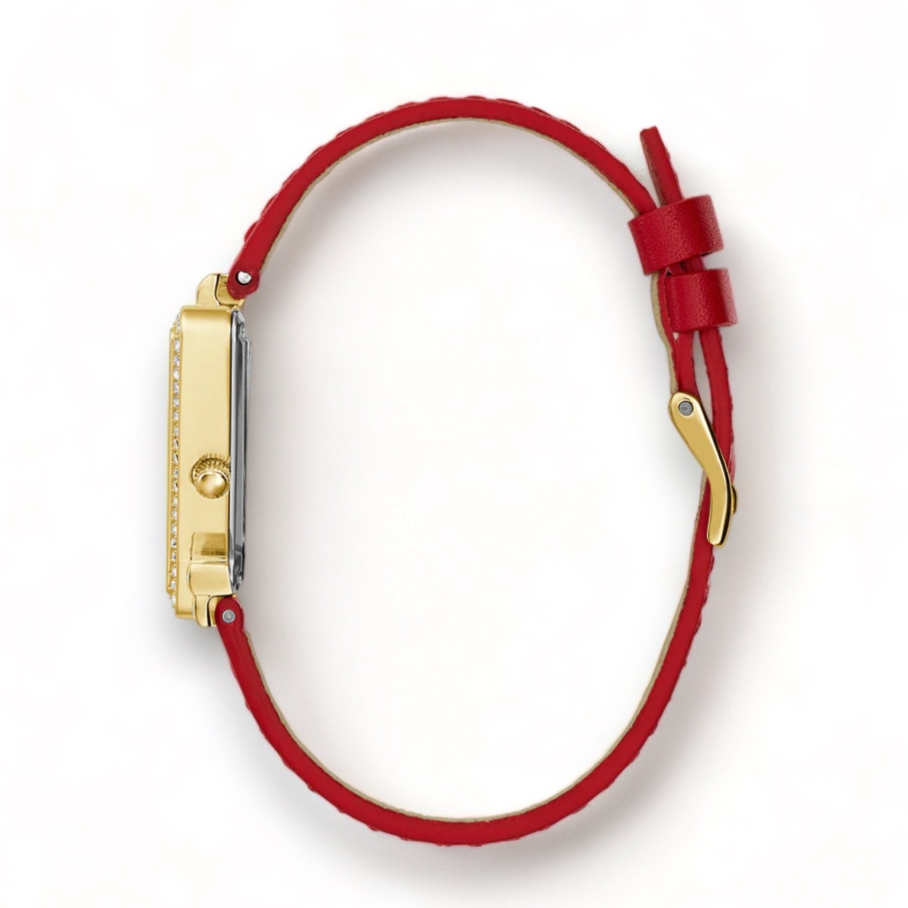 Guess Fame Quartz Gold Dial Red Leather Strap Watch For Women - GW0504L2