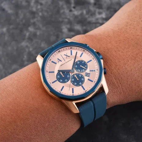 Armani Exchange Hampton Chronograph Rose Gold Dial Blue Silicone Strap Watch For Men - AX1730