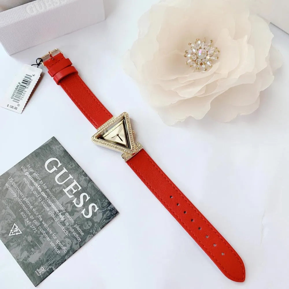 Guess Fame Quartz Gold Dial Red Leather Strap Watch For Women - GW0504L2