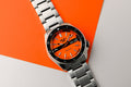 Seiko 5 Sports Double Hurricane Retro Orange Dial Silver Steel Strap Watch For Men - SRPK11K1