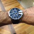 Diesel Mega Chief Chronograph Blue Dial Black Leather Strap Watch For Men - DZ4423