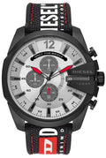 Diesel Mega Chief Chronograph Silver Dial Black Leather Strap Watch For Men - DZ4512