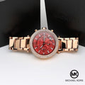 Michael Kors Parker Chronograph Red Dial Rose Gold Steel Strap Watch For Women - MK6106