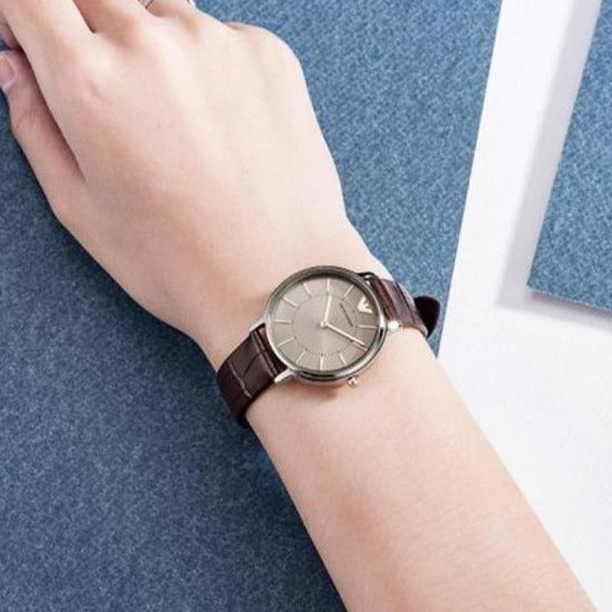 Emporio Armani Dress Quartz Silver Dial Brown Leather Strap Watch For Women - AR11063