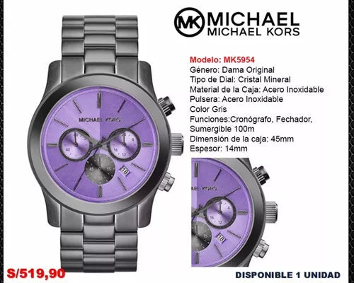 Michael Kors Runway Chronograph Purple Dial Black Steel Strap Watch For Women - MK5954