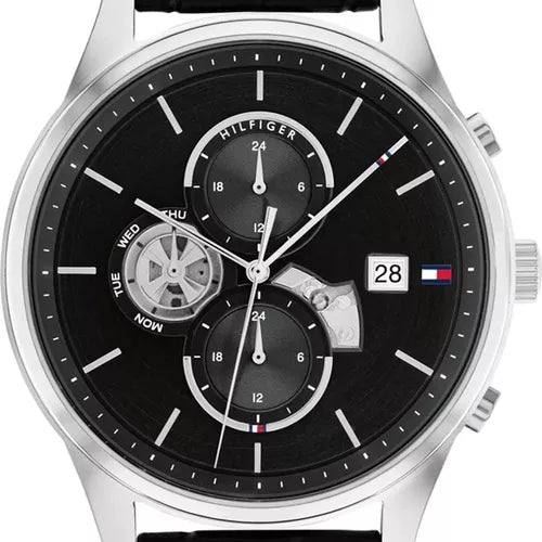 Tommy Hilfiger Weston Chronograph Black Dial Black Leather Strap Watch For Men - 1710502