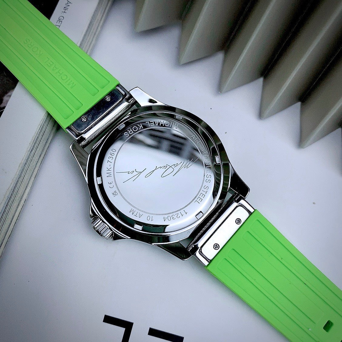 Michael Kors Everest Three Hand Crystals Silver Dial Green Silicone Strap Watch For Women - MK7360