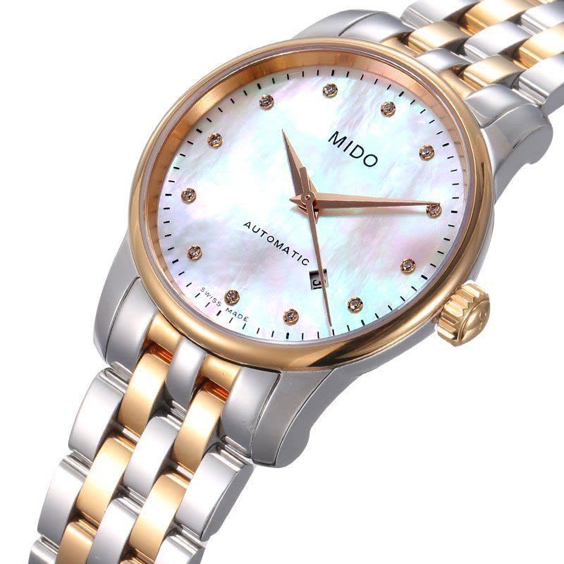 Mido Baroncelli III Automatic Mother of Pearl White Dial Two Tone Steel Strap Watch For Women - M7600.9.69.1