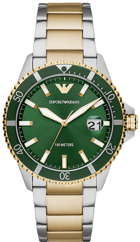 Emporio Armani Diver Chronograph Green Dial Two Tone Steel Strap Watch For Men - AR80063