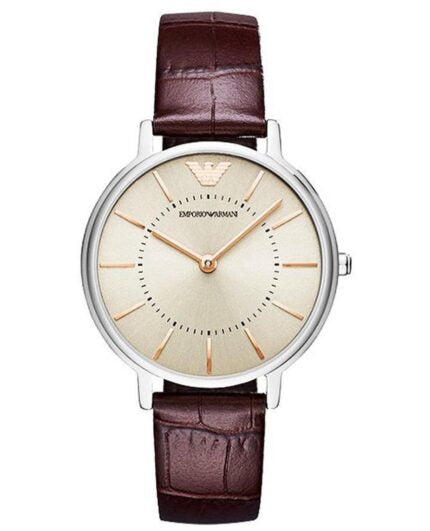 Emporio Armani Dress Quartz Silver Dial Brown Leather Strap Watch For Women - AR11063