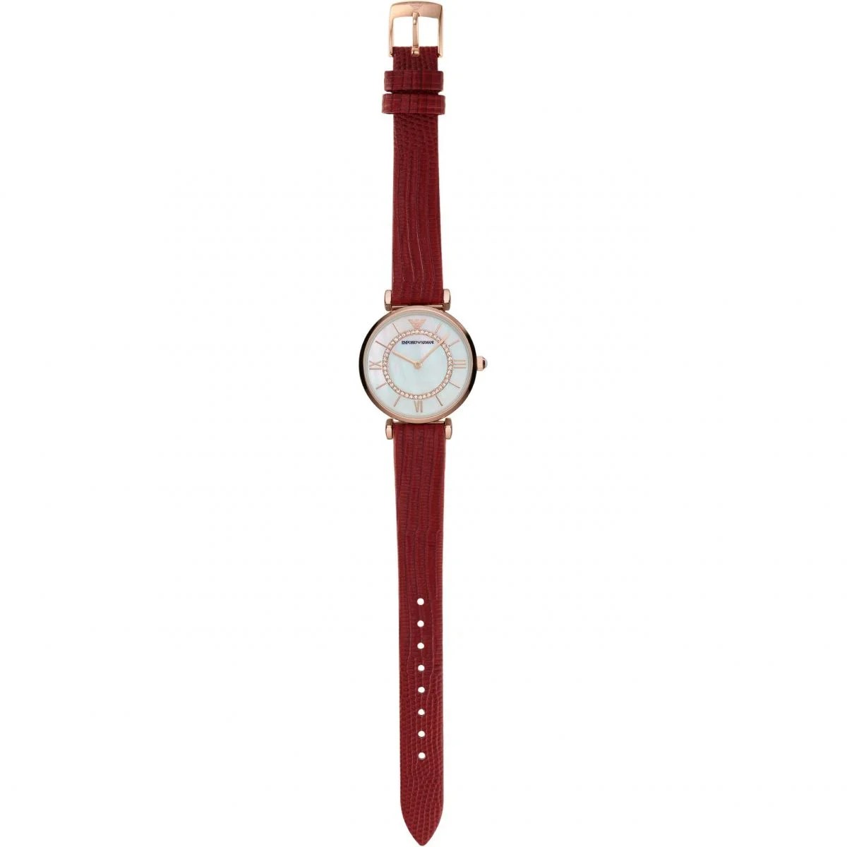 Emporio Armani Gianni T-Bar Analog Mother of Pearl Dial Red Leather Strap Watch For Women - AR11322