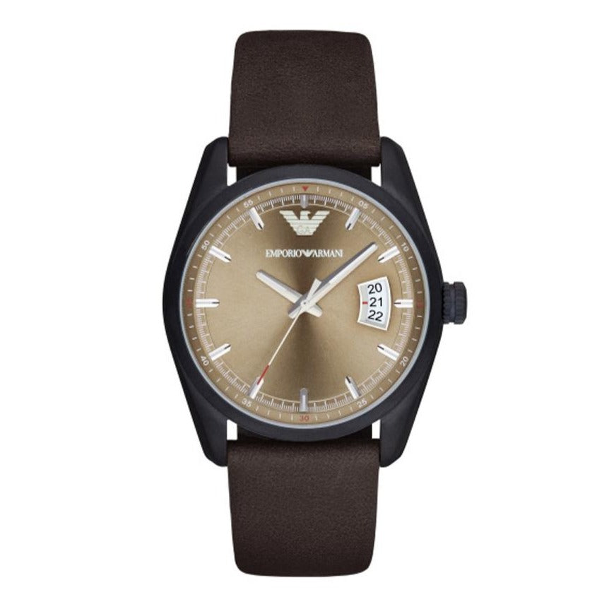 Emporio Armani Sportivo Chronograph Beige Dial Brown Leather Strap Watch For Men - AR6081