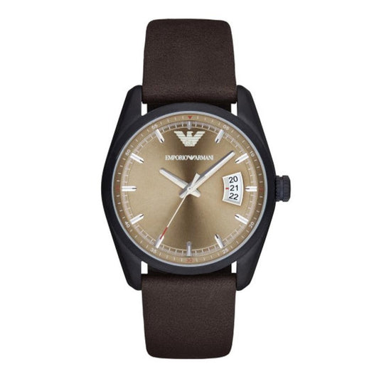 Emporio Armani Sportivo Chronograph Beige Dial Brown Leather Strap Watch For Men - AR6081