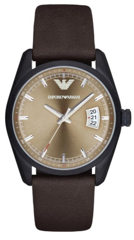 Emporio Armani Sportivo Chronograph Beige Dial Brown Leather Strap Watch For Men - AR6081