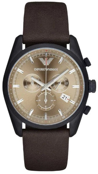 Emporio Armani Sportivo Chronograph Beige Dial Brown Leather Strap Watch For Men - AR6078