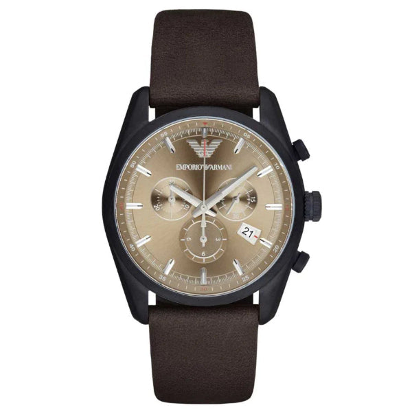 Emporio Armani Sportivo Chronograph Beige Dial Brown Leather Strap Watch For Men - AR6081