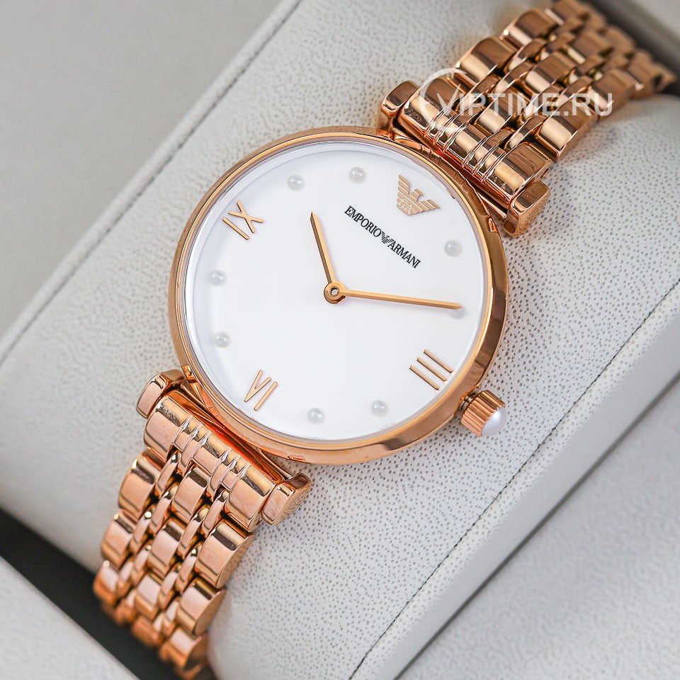 Emporio Armani Gianni T-Bar Quartz White Dial Rose Gold Steel Strap Watch For Women - AR11267