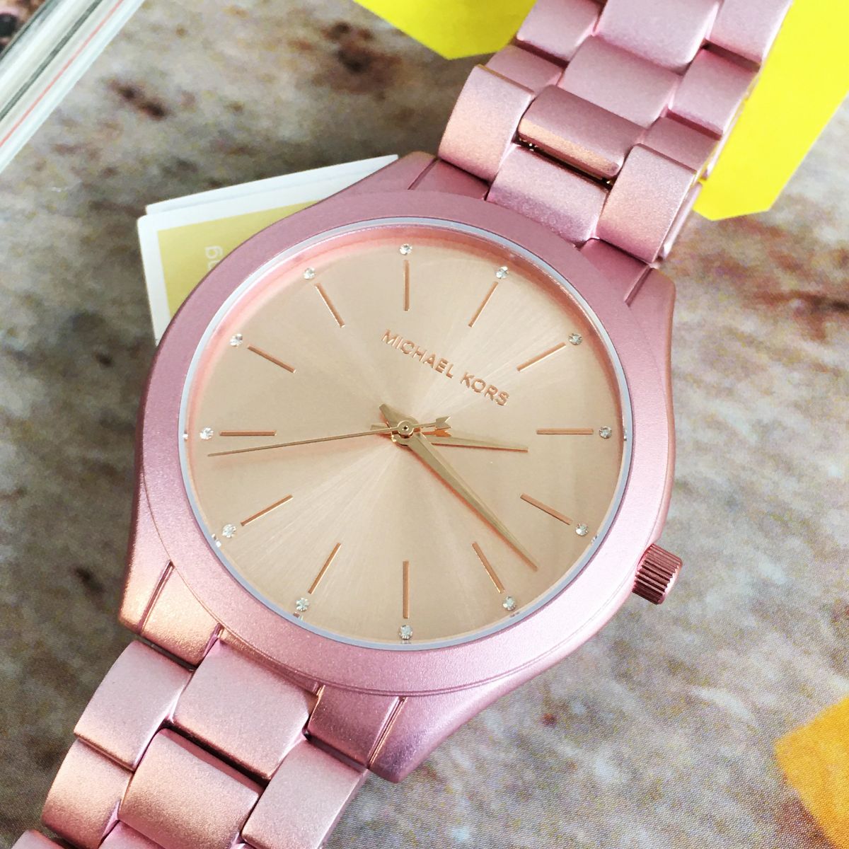 Michael Kors Slim Runway Pink Dial Pink Steel Strap Watch For Women - MK4456