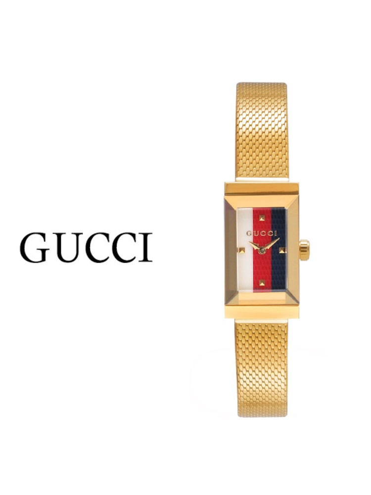 Gucci G Frame Quartz Diamonds White Red Blue Dial Gold Mesh Bracelet Watch For Women - YA147511