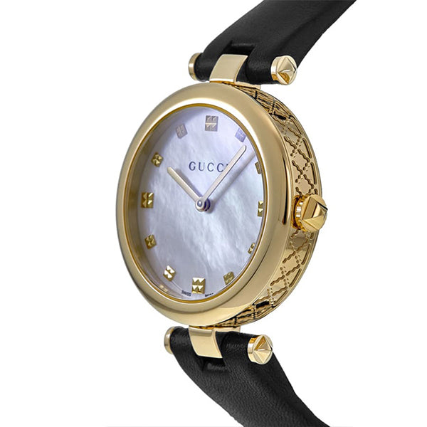 Gucci Diamantissima Mother of Pearl Dial Black Leather Strap Watch for Women - YA141404