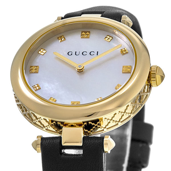 Gucci Diamantissima Mother of Pearl Dial Black Leather Strap Watch for Women - YA141404