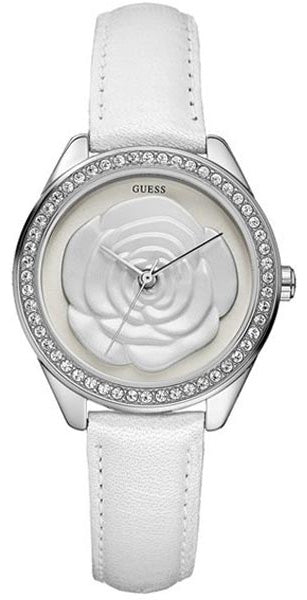 Guess Rosette Analog White Dial White Leather Strap Watch For Women - W75043L1