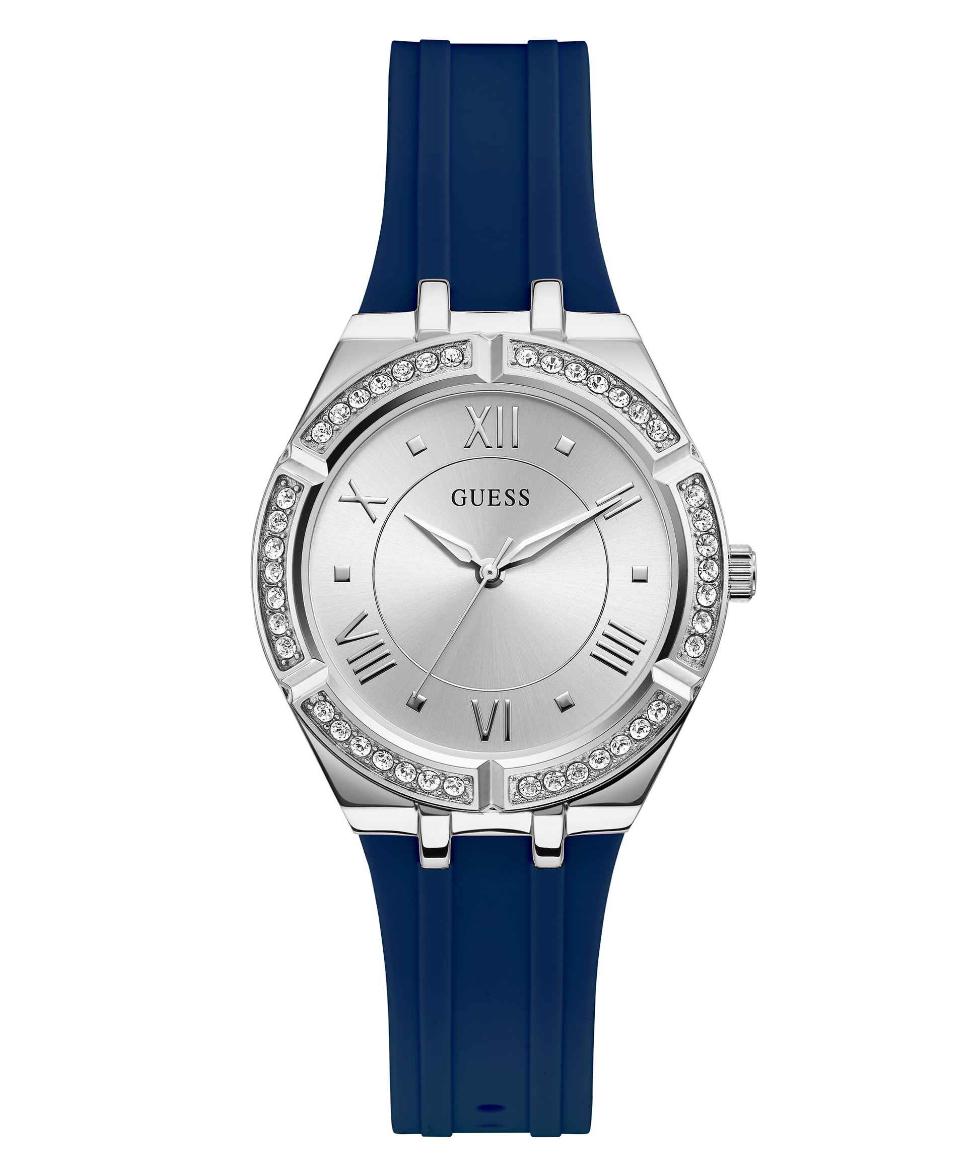 Guess Cosmo Diamonds Silver Dial Blue Rubber Strap Watch for Women - GW0034L5