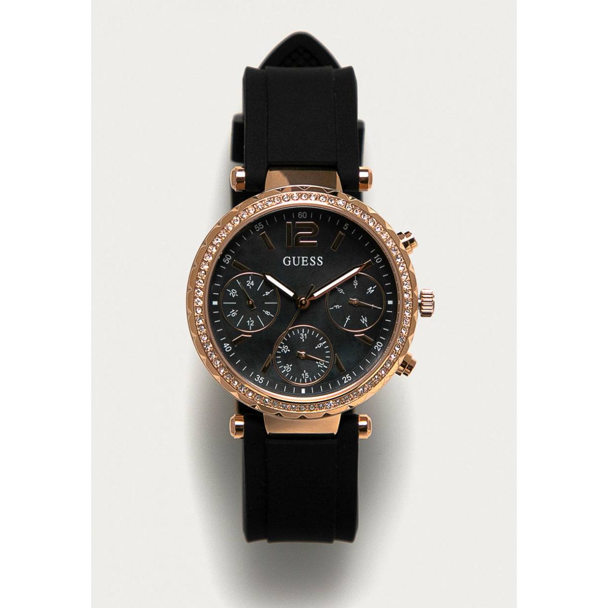 Guess Solstice Diamonds Black Mother of Pearl Dial Black Rubber Strap Watch for Women - GW0113L2