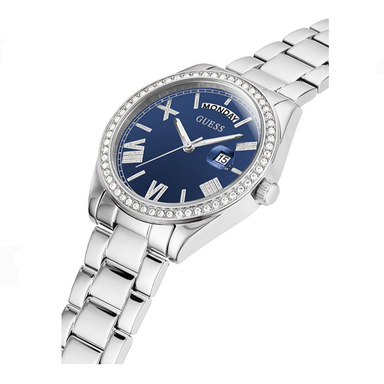 Guess Luna Diamonds Blue Dial Silver Steel Strap Watch for Women - GW0307L1